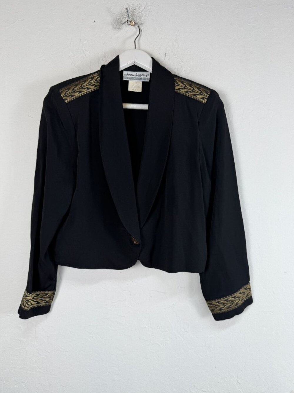 Joan Walters Petites Womens Cropped Blazer Black Gold Trim Shawl Collar Medium